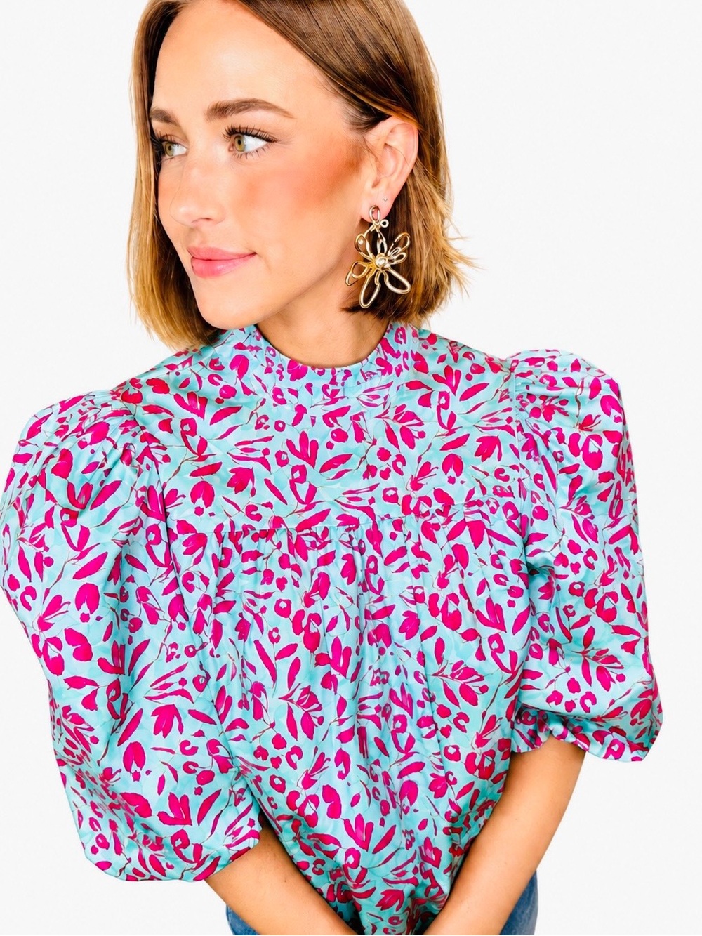ALDEN ADAIR Preppy Ruffle Neck Puff-Sleeve Mint & Pink Floral Blouse Top
